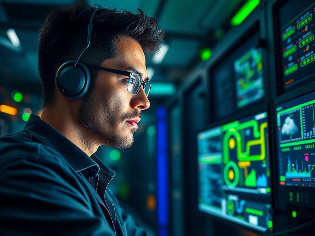 Technician managing cloud infrastructure server racks